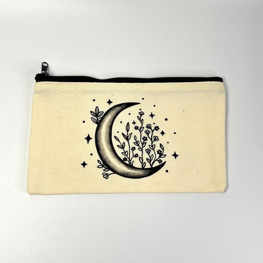 Pochette in tela con luna e fiori, monocromo nero, dipinta a mano